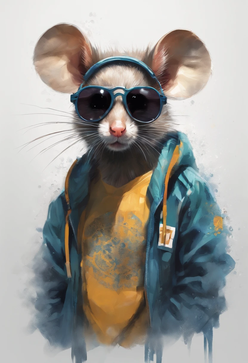 Perfect centering, Cute mouse, Wear a student team jacket, Wearing sunglasses, Wearing headphones, cheerfulness, Standing position, Abstract beauty, Centered, Looking at the camera, Facing the camera, nearing perfection, Dynamic, Highly detailed, smooth, Sharp focus, 8K, high definition resolution, illustration, Art by Carne Griffiths and Wadim Kashin,