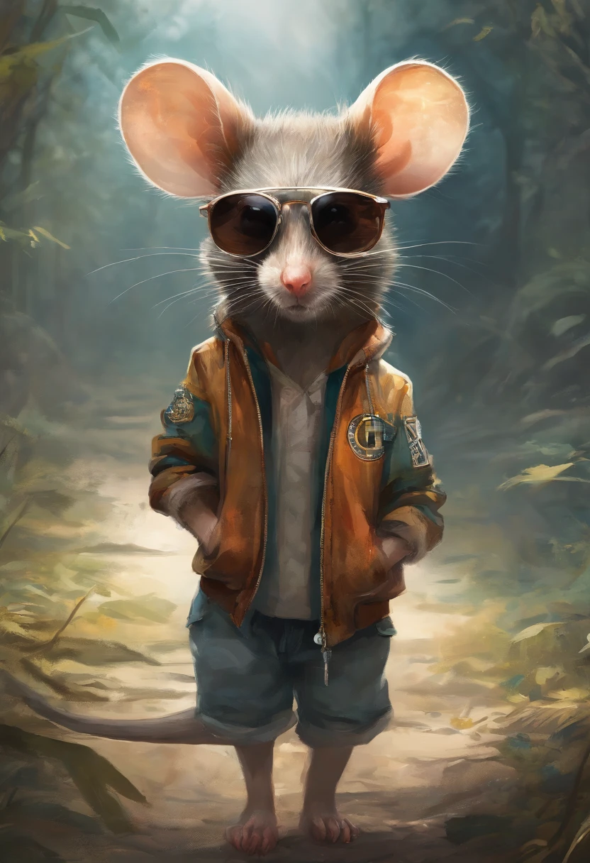 Perfect centering, Cute mouse, Wear a student team jacket, Wearing sunglasses, Wearing headphones, cheerfulness, Standing position, Abstract beauty, Centered, Looking at the camera, Facing the camera, nearing perfection, Dynamic, Highly detailed, smooth, Sharp focus, 8K, high definition resolution, illustration, Art by Carne Griffiths and Wadim Kashin,