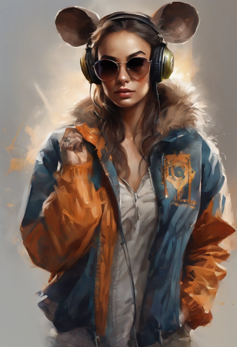 Perfect centering, Cute mouse, Wear a student team jacket, Wearing sunglasses, Wearing headphones, cheerfulness, Standing position, Abstract beauty, Centered, Looking at the camera, Facing the camera, nearing perfection, Dynamic, Highly detailed, smooth, Sharp focus, 8K, high definition resolution, illustration, Art by Carne Griffiths and Wadim Kashin,