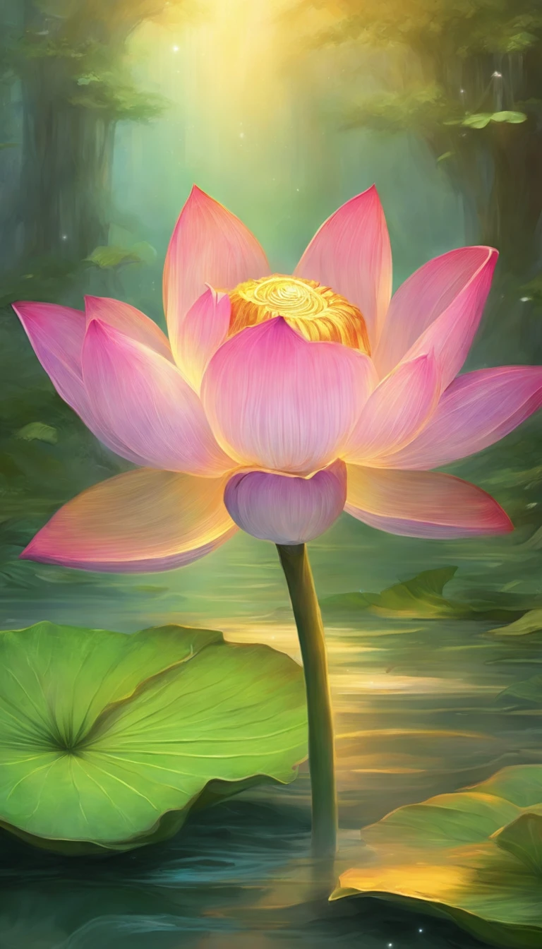 lotus flower, Green stem, Silt comes out of the water, gold light, The light of the Buddha shines, UHD, retina, masterpiece, ccurate, super detail, high details, high quality, highres, 16k