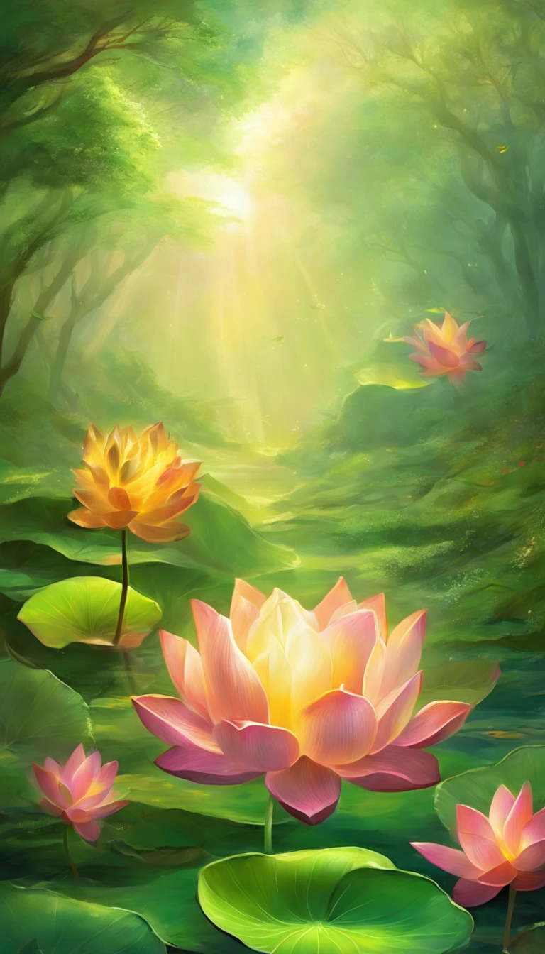 lotus flower, Green stem, Silt comes out of the water, gold light, The light of the Buddha shines, UHD, retina, masterpiece, ccurate, super detail, high details, high quality, highres, 16k