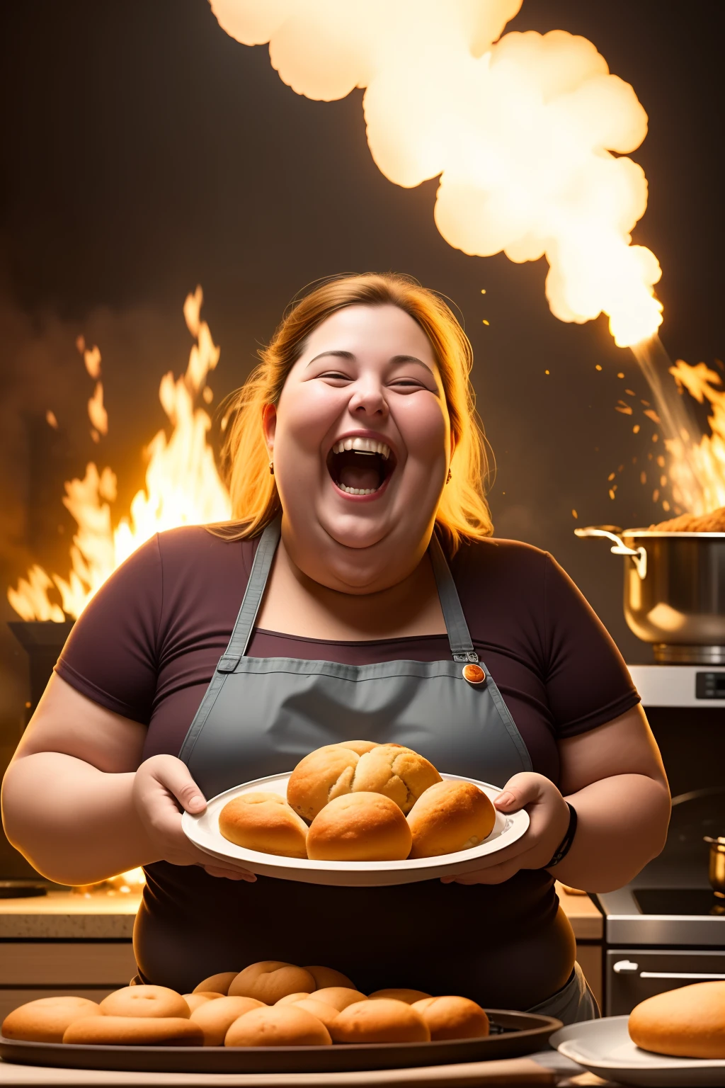 best quality, ultra-detailed, photo of a fat woman, laughter of joy in the kitchen, explosion artstyle, explosion in the background, uhd skin texture, 8k, high definition, Baking foods, depth of field, film grain, professional lighting,