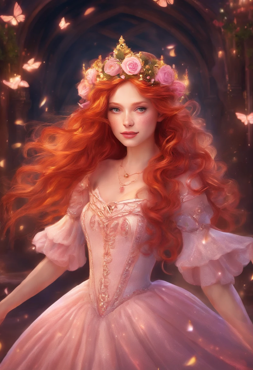 1girl, long curly redhair, white skin, light pink medieval princess dress, with roses crown, dancing on a saloon, bare feet, yellow light, glitter, shine