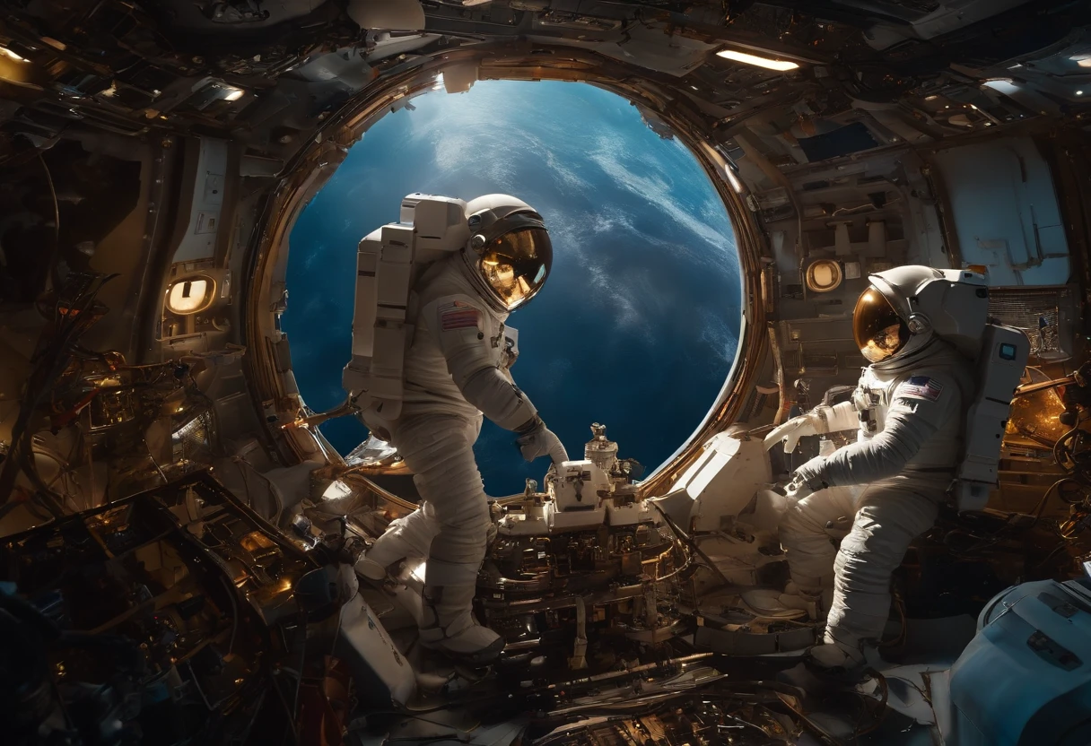 Best quality, , 超高分辨率, (Realistic photography:1.4), Many robots and astronauts are repairing a broken spacecraft in space.