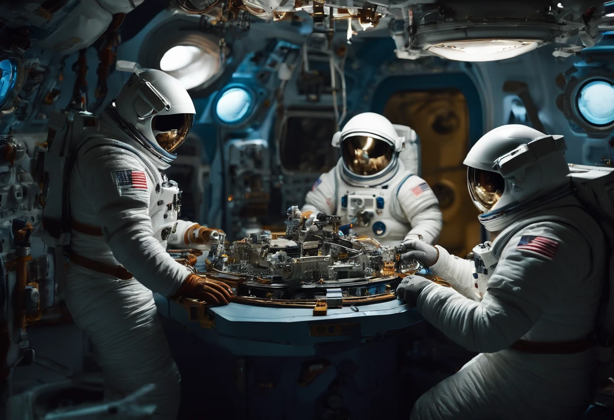 Best quality, , 超高分辨率, (Realistic photography:1.4), Many robots and astronauts are repairing a broken spacecraft in space.