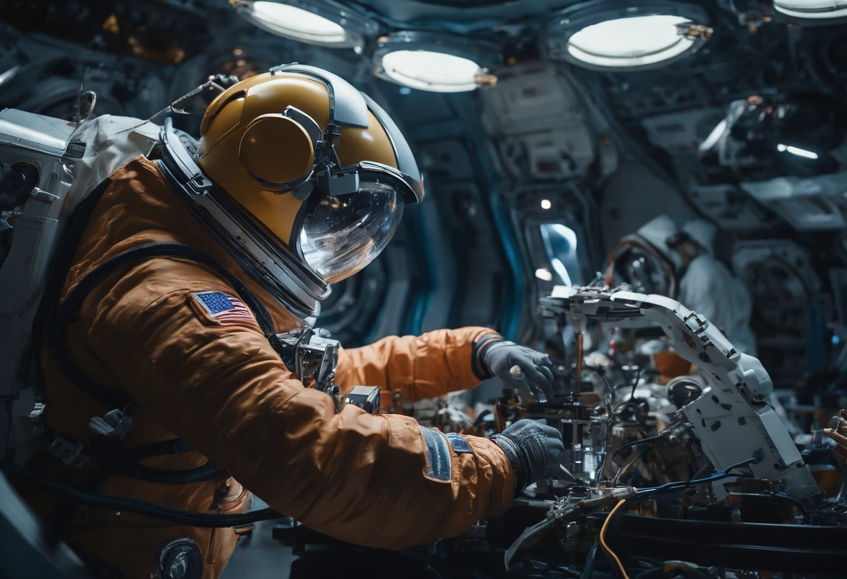 Best quality, , 超高分辨率, (Realistic photography:1.4), Many robots and astronauts are repairing a broken spacecraft in space.