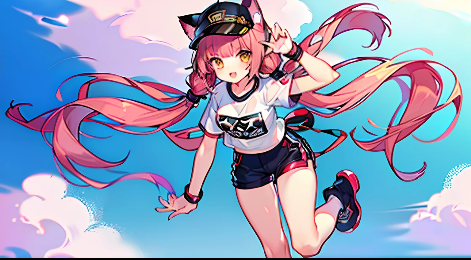 1girl,peaked_cap,cat ear,pink hair,blunt bangs,blunt end,low twintails,long hair,hand up,smail,t shirt,full body