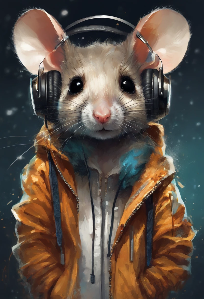 Perfect centering, Cute mouse, Wear a student team jacket, Wearing sunglasses, Wearing headphones, cheerfulness, Standing position, Abstract beauty, Centered, Looking at the camera, Facing the camera, nearing perfection, Dynamic, Highly detailed, smooth, Sharp focus, 8K, high definition resolution, illustration, Art by Carne Griffiths and Wadim Kashin, white background