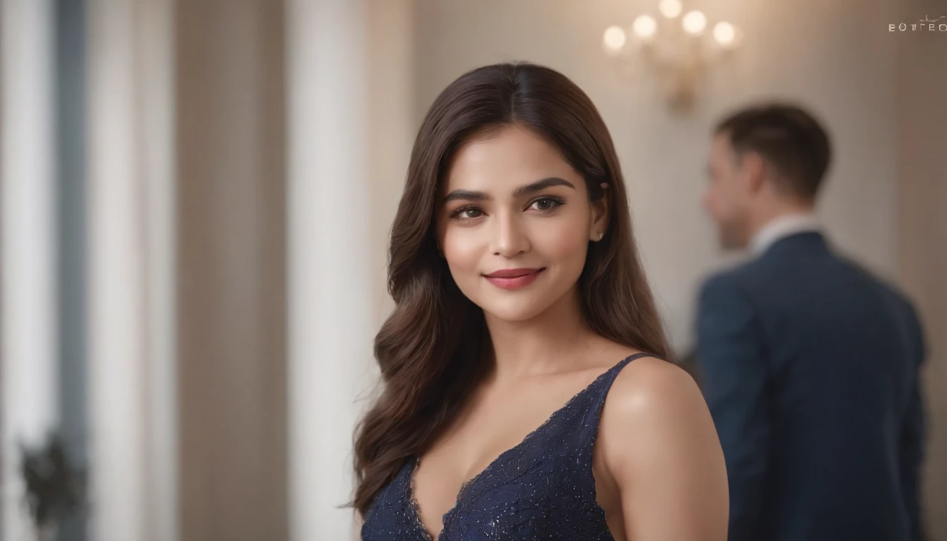 ((best qualtiy,8k,tmasterpiece:1.3)), 1girll, ssmile, full bodyesbian, Beautiful woman, (dark brown hair), full length dress :1.1, blur backgroun, Large,office room