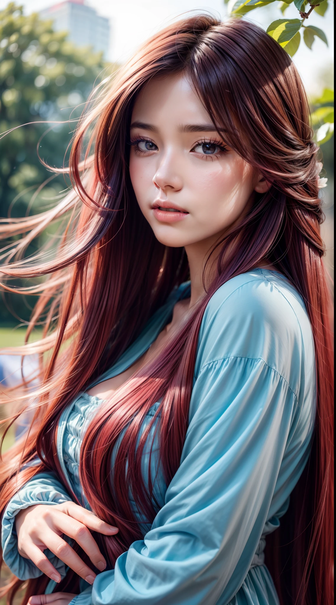 Best quality, A high resolution, Ultra-detailed, Realistic, Beautiful red to blue gradient wavy long hair blowing on a woman's serene face in a soft breeze, Long flowing hair was lifted, Vibrant flowers in the background of the park, Close-up shot