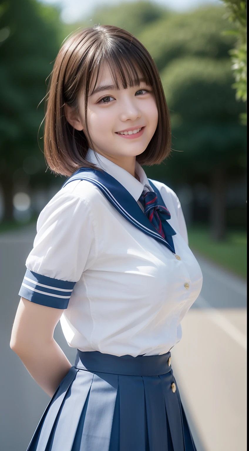 Enhanced dynamic perspective，Cute cute 15 year old beautiful girl，((School uniform, Short sleeve shirt))、((button gap)), Short pleated skirt、Look at me and smile，simple backgound，Works of masters，high quarity，4K resolution，super-fine，Detailed pubic hair，acurate，Cinematic lighting，Leaves the original facial proportions、(Huge breasts)、