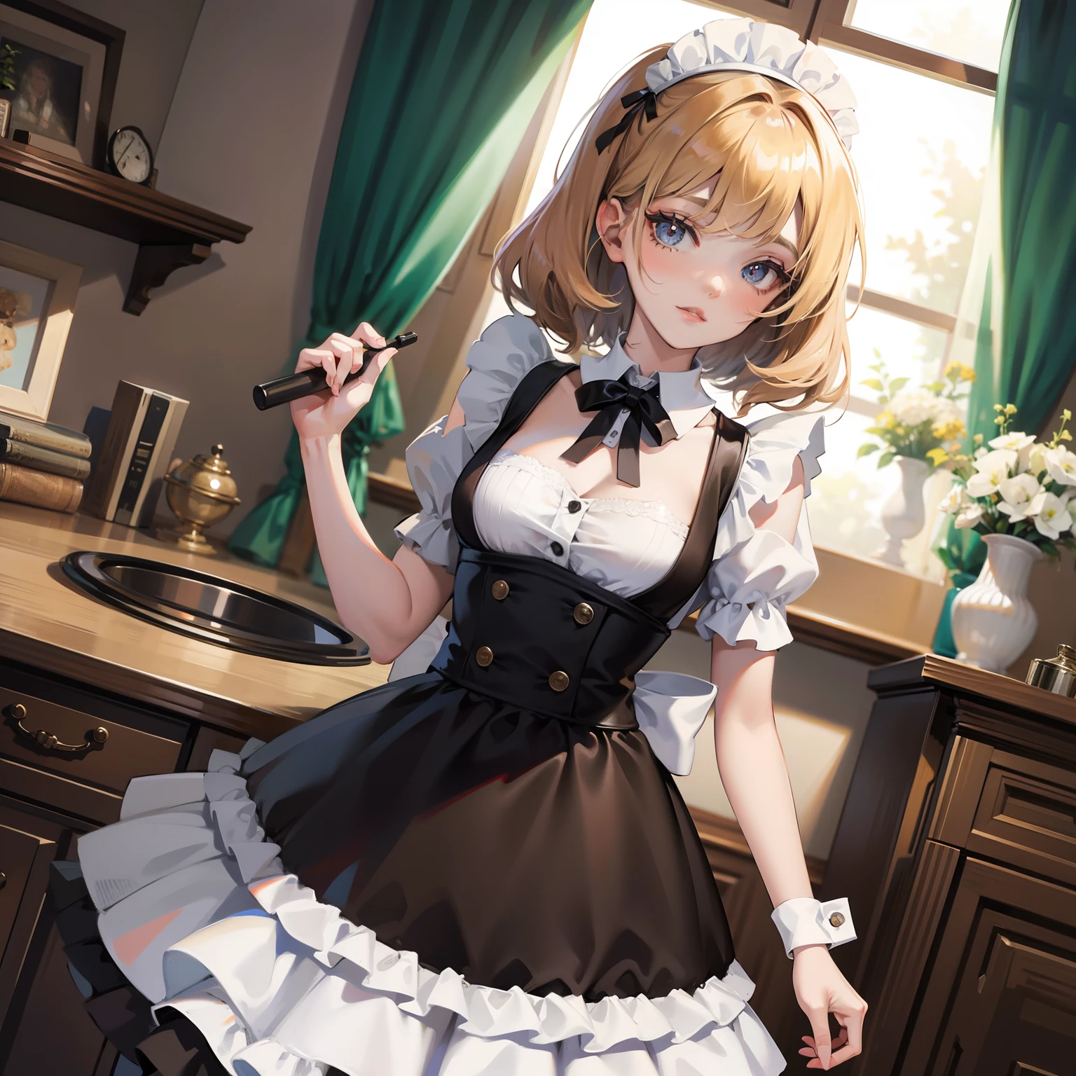 Smiling maid, detailed face, detailed eyes, kitchen, lewd maid