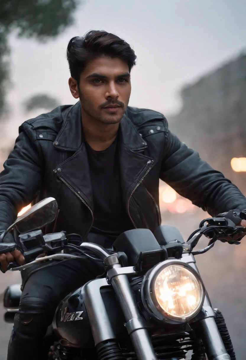 ((Qualidade Superior)), ((Melhor Varejo)), (high level of detail: 1.3), 3d, A Indian man riding a motorcycle,Lindo fiz (O cyberpunk:1.3) mulher hacker, pilotando uma motocicleta,medium long shot,(medium shot)
