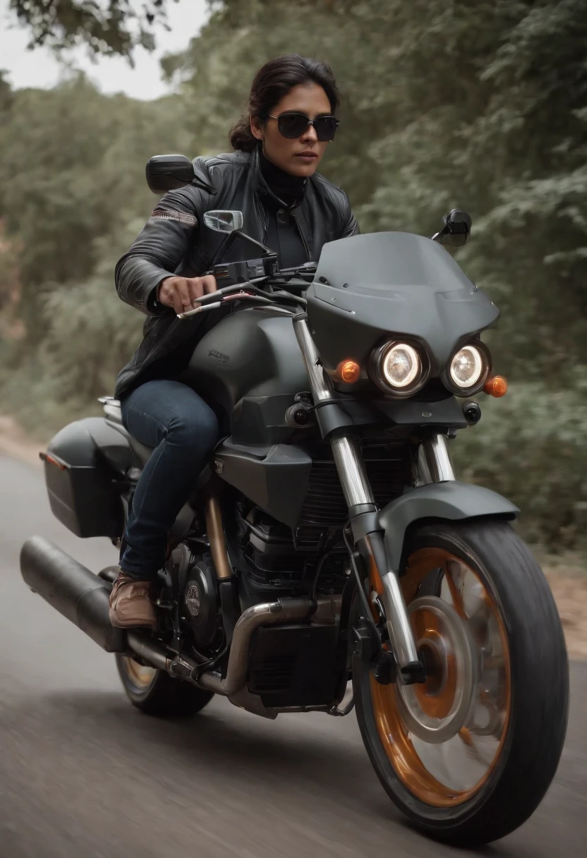 ((Qualidade Superior)), ((Melhor Varejo)), (high level of detail: 1.3), 3d, A Indian man riding a motorcycle,Lindo fiz (O cyberpunk:1.3) mulher hacker, pilotando uma motocicleta,medium long shot,(medium shot)