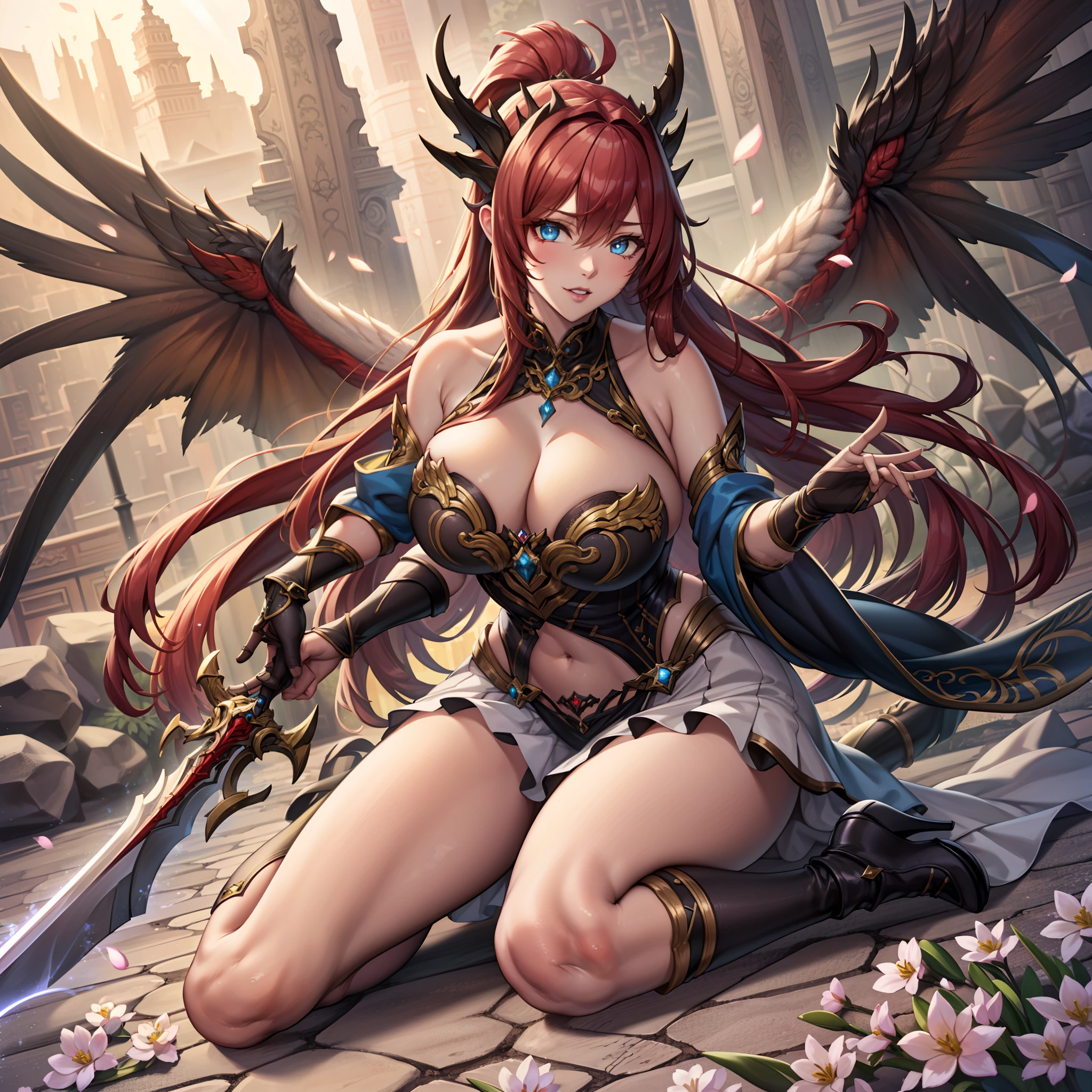 battlemech,(Blonde girl),((disheveled long hair)), (Huge ponytail),(Stockings) Glowing blue eyes,Blue Light Energy Longsword,Galactic,Mechanical and exquisite,((Blonde Beauty))pubic detail,mech wings,elegent,Blue Mecha,Glowing blue-blue eyes,(Stocking Heels),land,Mechanical and exquisite,pubic detail,mech wings,elegent,The tree々,There are hands and feet,angled,angled,immensity,Wind,hazy,Mecha's eyes glow blue,Blue Mecha,Glowing blue-blue eyes,Holding the sword of delicate light energy,Skysky,Mechanical and exquisite,pubic detail,Huge mech wings,elegent,The tree々,There are hands and feet,angled,angled,immensity,baiyun,hazy,Mecha's eyes glow blue,pubic detail,Winds of the future,sacredness,Cavalier,battlemech,Glowing blue eyes,Blue Delicate Sniper Rifle,Skysky,Mechanical and exquisite,pubic detail,Huge mech wings,elegent,The tree々,There are hands and feet,angled,angled,immensity,baiyun,hazy,Mecha's eyes glow blue,pubic detail,Winds of the future,sacredness,Cavalier,the face is clear,Face wearing mask armor,masterpaintings,best qualtiy,offcial art,the Extremely Detailed CG Unity 8K Wallpapers,brightened light,(light particules,(Illustration)(Farbe)goodlooking,impeccable,((Graphic Painting)),(Heavier stroke)),(bold lines),Highest image quality,masterpaintings,Filigree,long eyeslashes,(((silhuette))),Very detailed background,tulips,Banana leaves,lilie,dew,Date palm flowers,Ryu,Light white off-the-shoulder dress,Mottled sunlight,(Close-up of people),(Beautiful little in good shape)((Super best quality)), ((A very masterpiece)), ((super detailing:1.4)), ((hyper realistic lifelike 3d)), Dragon Warrior Girl, Mechanical body, Dynamic action poses in battle scenes, Mechanical weapons of very complex and heavy fighters, Off-the-shoulder fashion that blends dense and complex steampunk with dense gothic ta, Complex steampunk headgear, very thin long legs, Mechanical boots above the knee, ((Fluttering Lace Flared Skirt)) (beautiful small breasts directed upwards),Somewhat long, Vertic