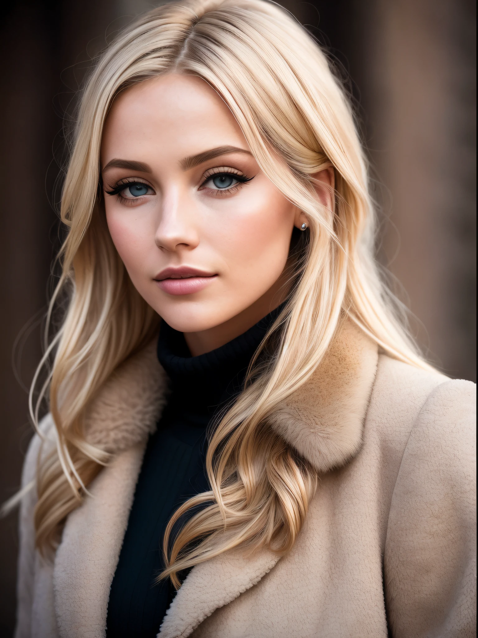 A portrait of a blonde, (Schminke:1.4), amazing body, (fit body:1.2), Outfit mit langem Mantel, hochdetailliertes Fell, natural skin texture, 4K-Texturen, detaillierter Bauch, Hochdetaillierte, perfekte, glatte Haut, lightroom, kompliziert, Ultra-realistisch, al fresco, (HDR:1.3), UHD, (Komplizierte Details, Hyper-detailliert:1.1), filmisch, fotorealistisch, (Dunkler Schuss:1.2), dramatisch, Hoher Kontrast, (warme Farbe:1.1) , dim colors, Meisterwerk, elegant, Scharfer Fokus, Espe Colorado