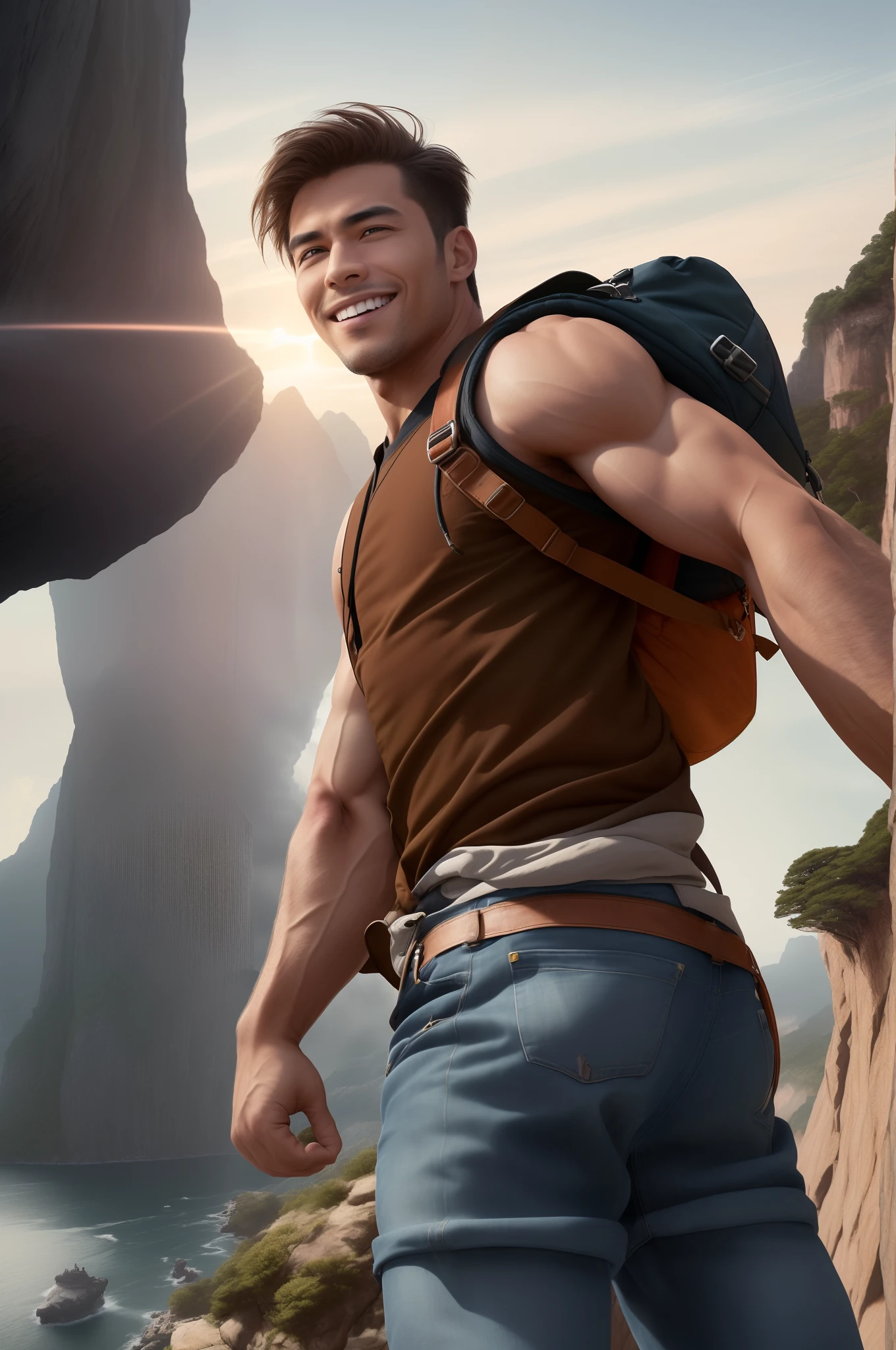 world traveler, wearing backpack, shirtless, charming, attractive, muscular man, man close to the camera, curious-looking, hunk, casual explorer gear, on a mountain top
