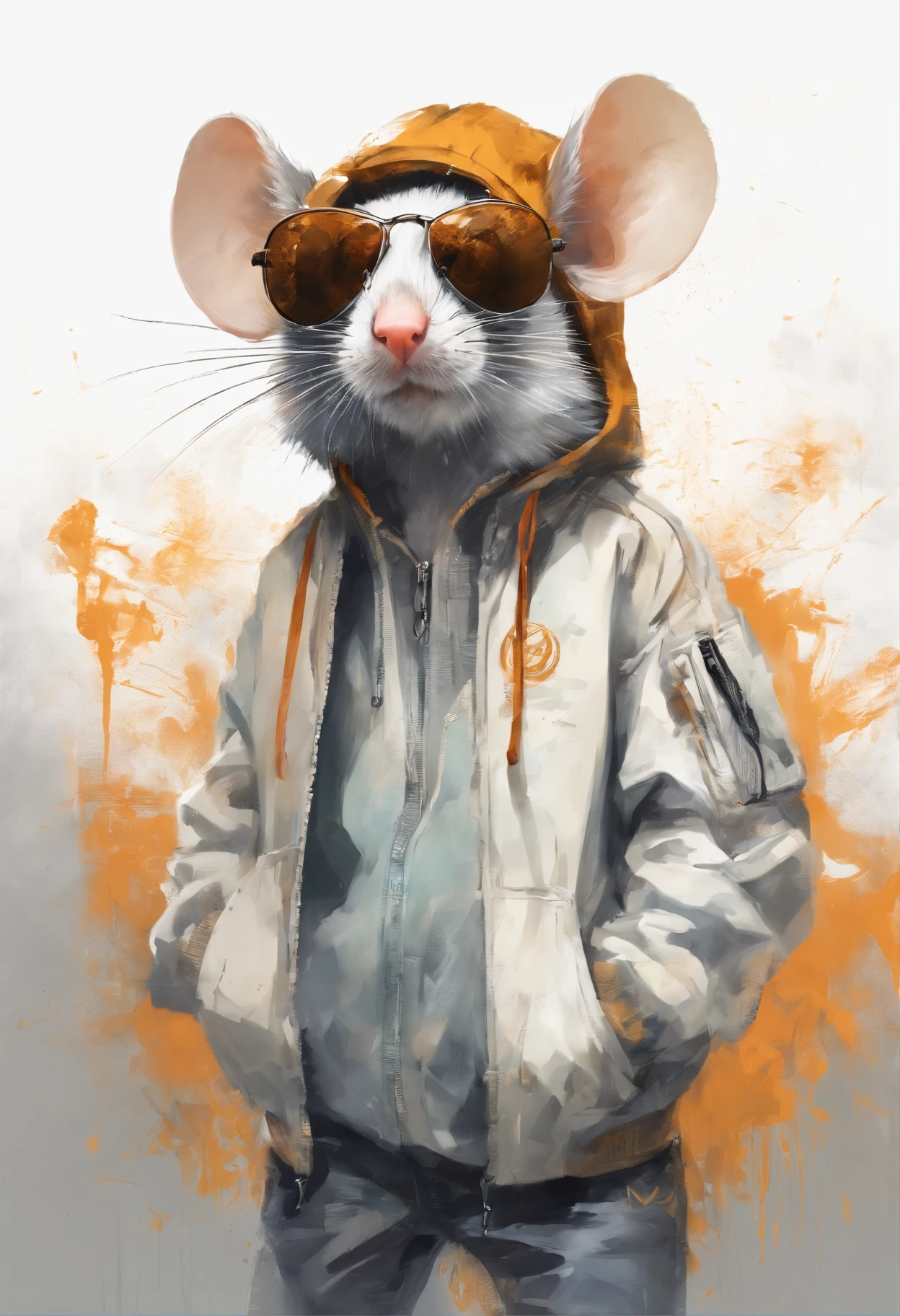 Perfect centering, Cute mouse, Wear a student team jacket, Wearing sunglasses, Wearing headphones, cheerfulness, Standing position, Abstract beauty, Centered, Looking at the camera, Facing the camera, nearing perfection, Dynamic, Highly detailed, smooth, Sharp focus, 8K, high definition resolution, illustration, Art by Carne Griffiths and Wadim Kashin, white background