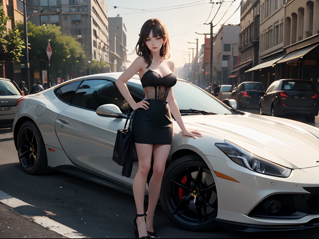 masterpiece, illustration, 1girl, sparkling hair, beautiful detailed eyes, extremely detailed eyes and face, light on face, lovely, best quality, CG ,unity ,8k wallpaper, official art, extremely detailed CG unity , (realistic, photo-realistic:1.2), soft lighting, cinematic lightingBeautiful woman getting into a Ferrari, wearing bustier, tight skirt, estand by car, (art by Albert Marquet:1.2) , Warlike Jay, at Bruma, Visual novel, Printcore, Depth of field 270mm, super car, on street, side view, standing by car