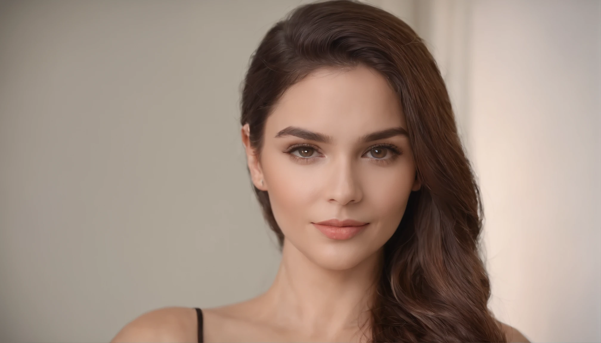 ((Mejor calidad,8k,tmasterpiece:1.3)), 1girll, smil, cuerpo completosbian, beautiful woman, (Brown Dark Hair), Vestido de cuerpo entero :1.1, Super Detail Face, desenfoque backgroun, Caras delgadas,big size ass,Sala de oficina