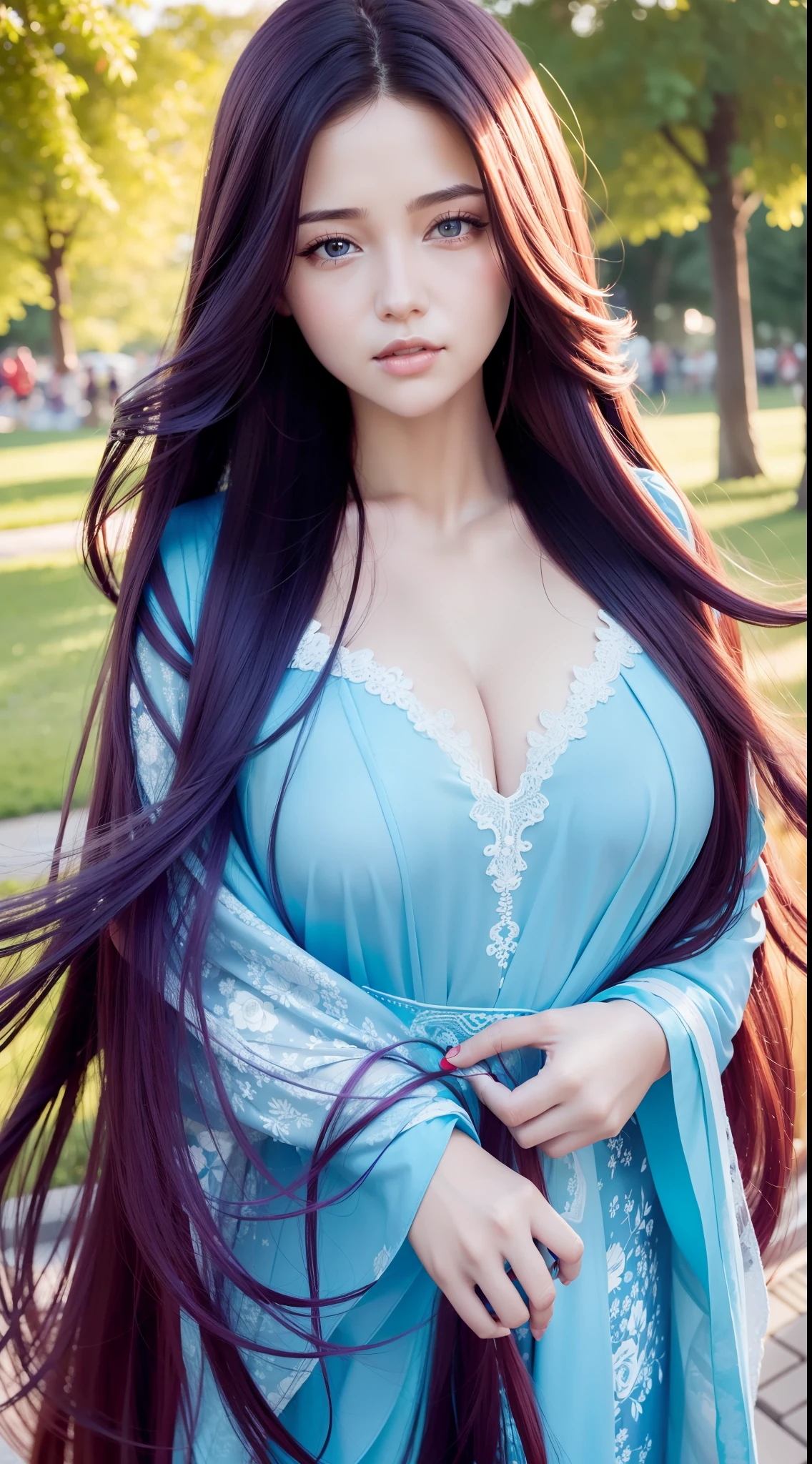 Best quality, A high resolution, Ultra-detailed, Realistic, Beautiful red to blue gradient wavy long hair blowing on a woman's serene face in a soft breeze, Long flowing hair was lifted, Vibrant flowers in the background of the park, Close-up shot