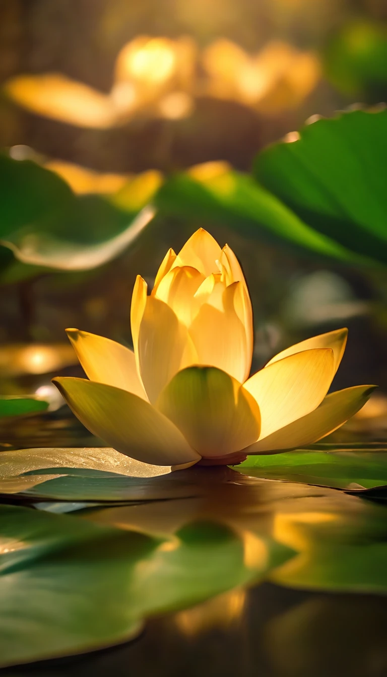(solo:1.5), lotus flower, Green stem, Silt comes out of the water, gold light, (The light of the Buddha shines:1.4), UHD, retina, masterpiece, ccurate, super detail, high details, high quality, highres, 16k