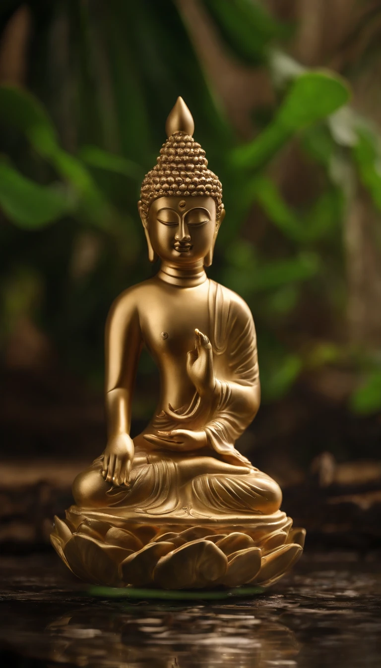 crystal buddha statue, highly detailed, hyper realistic, intricate details, glass, shiny, reflective, glowing aura, dramatic lighting, cinematic composition, serene expression, peaceful meditation pose, ornate decorations, gold accents, natural environment, lush foliage, sunbeams, photorealistic, 8k, masterpiece, cs-m3tal-ok_v06-1000