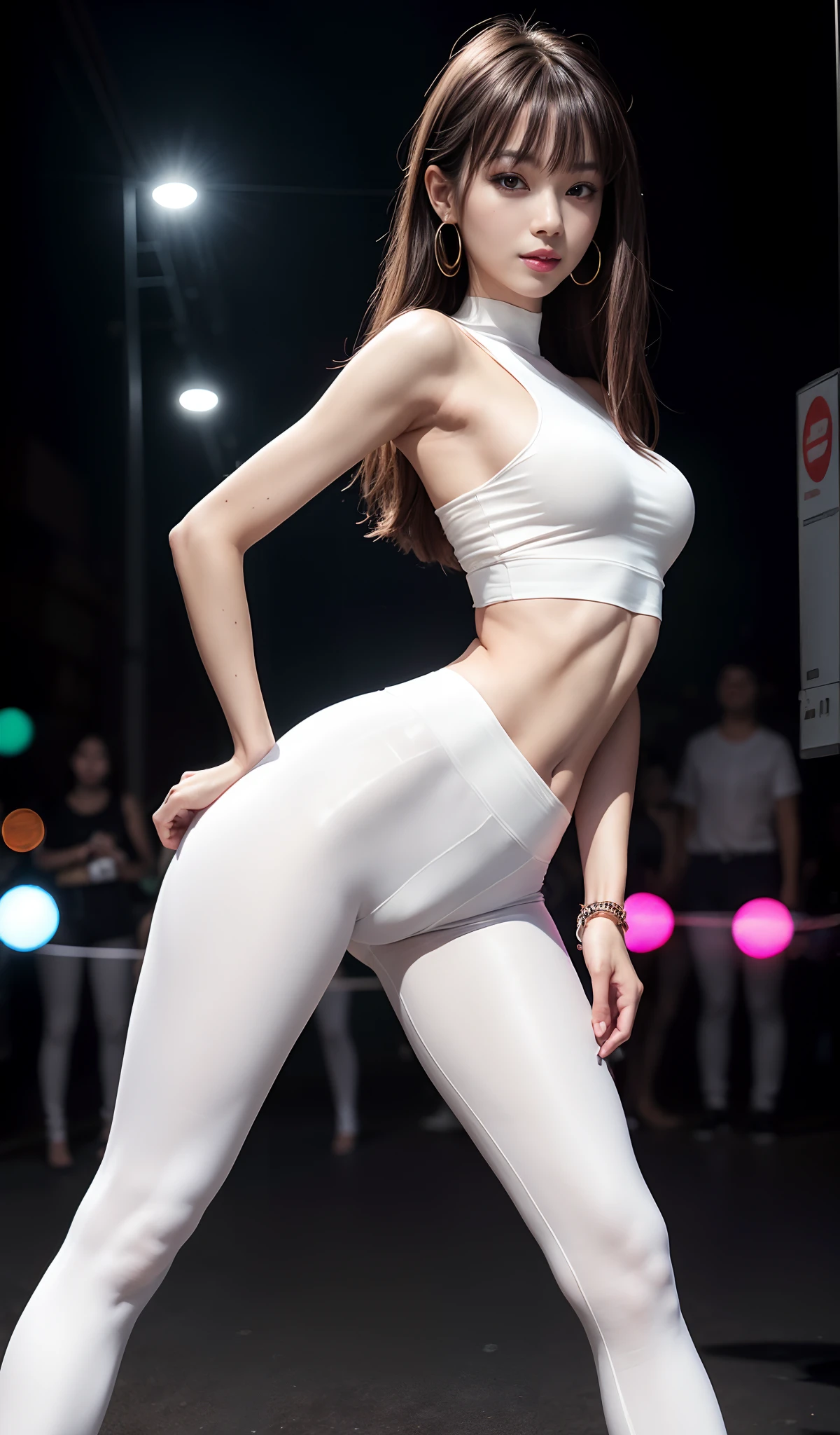 8K, masutepiece, Raw photo, Best Quality, Photorealistic, Highly detailed CG unified in 8K, 8K, Diamond, and wallpapers, depth of fields, Cinematic Light, Lens Flare, Ray tracing, (Extremely beautiful face, Beautiful lips, Beautiful eyes), intricate detail face, ((Ultra detailed skin)) 1girll, In the Dark, deepshadow, Pretty Korean girl, Kpop Idol, 1 girl, (very slim and slender muscular body:1.3), ((full body Esbian)),((Long legs)), ((view the viewer)),(Big smile:1.3), (Tight red lace-up blouse), (PINK SHIRT), (Sleeveless) , (Fashion Night, a dark night, (Neon Light Sign), (Blurred background), Fashion Street Night),(No one is in the background:1.3), Beautiful earrings, bangle, Necklace, pantyhose, Clear eyes, (pale skin), (Big eyes), Face forward, ((full body shot shot)), ((Silk White Leggings:1.3)),(Big Assa),(Golden bristles),((Skinny Silk Pants)),(Big Assa), (view the viewer:1.3) opened breast, Very slim, medium breasts, turn back, Back shot, , Underwear