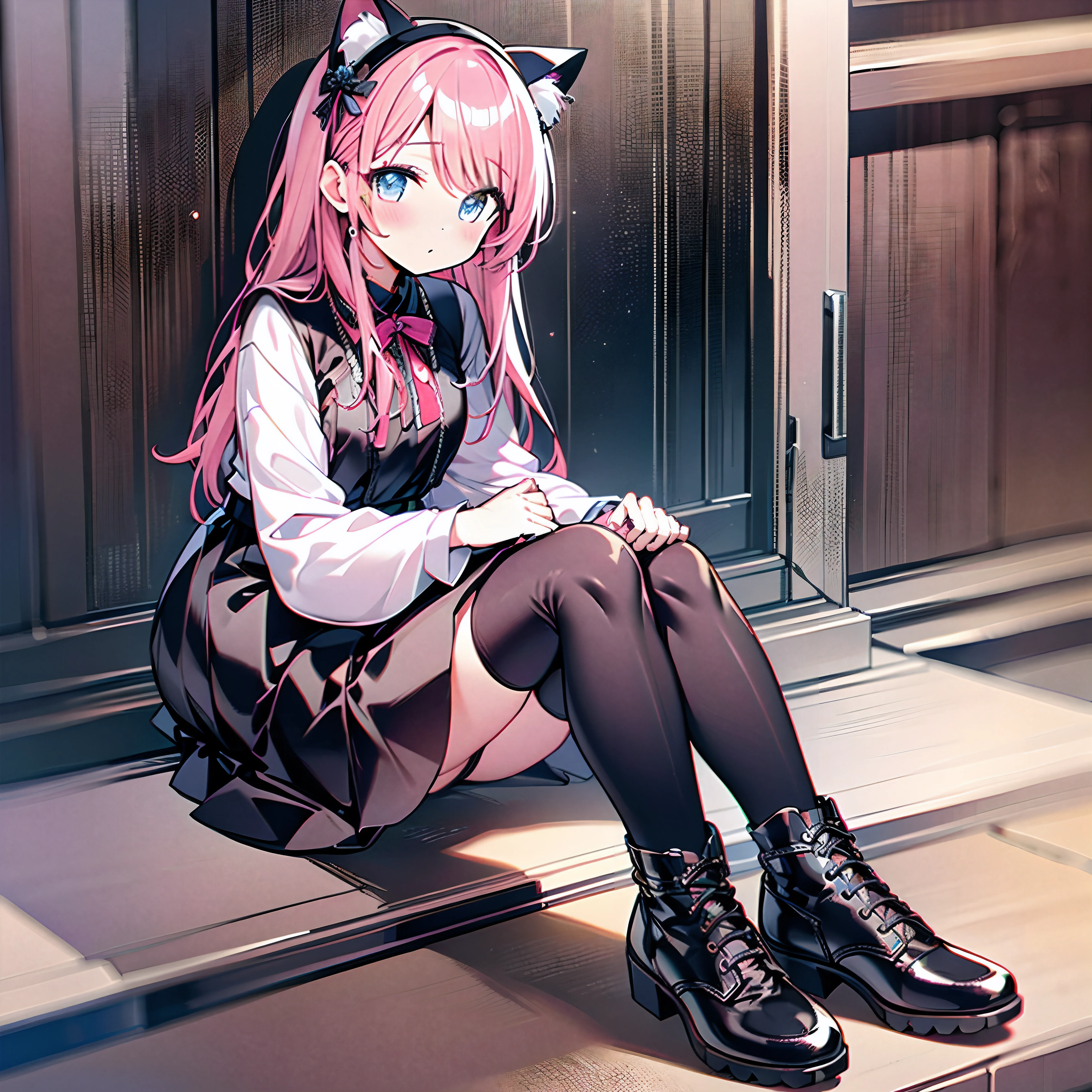 Cute girl with cat ears、Japan anime style、Moe、（full body2.0）、（1 person only 2.1）、（No background 1.8）、Authentic and highly detailed body、小柄、girl with、childish、ers old、length hair、bangss、A pink-haired、Authentic and highly detailed face、beautiful eyes that are authentic and highly detailed,、 Authentic and very delicate arms and hands、Authentic and highly detailed human hands（5 fingers）、The most beautiful girl in the world、Delicate and beautiful pink cat eyes、Authentic skin texture、Plain clothe、lolita、a miniskirt、（Authentic and highly detailed kneehigh pink socks 2.5）、（Authentic and highly detailed long boots 1.5）