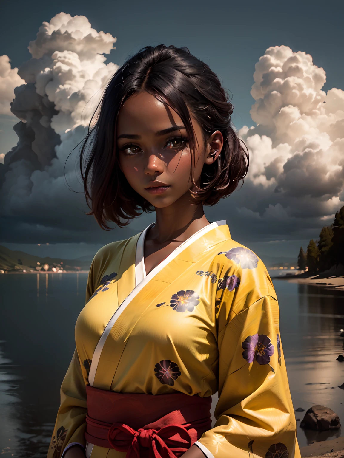 1 girl, (dark skin:1.2), shy, cute, cold expression, (8k, RAW photo, best quality, masterpiece:1.2), (realistic, photorealistic:1.2) (ultra-detailed, Super detailed:1.2), vivid colors, studio lighting, Yellow coloured eyes, blank eyes, Night clouds background, Aesthetic, romantic, Luna, Wearing a kimono, sleek bob hairstyle