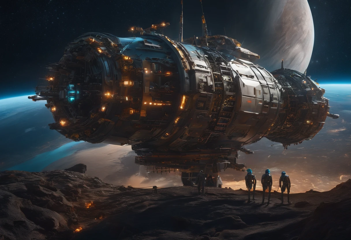 Best quality, , 超高分辨率, (Realistic photography:1.4), The background is the universe,Distance viewing angle,Many robots are repairing a broken spaceship in space.