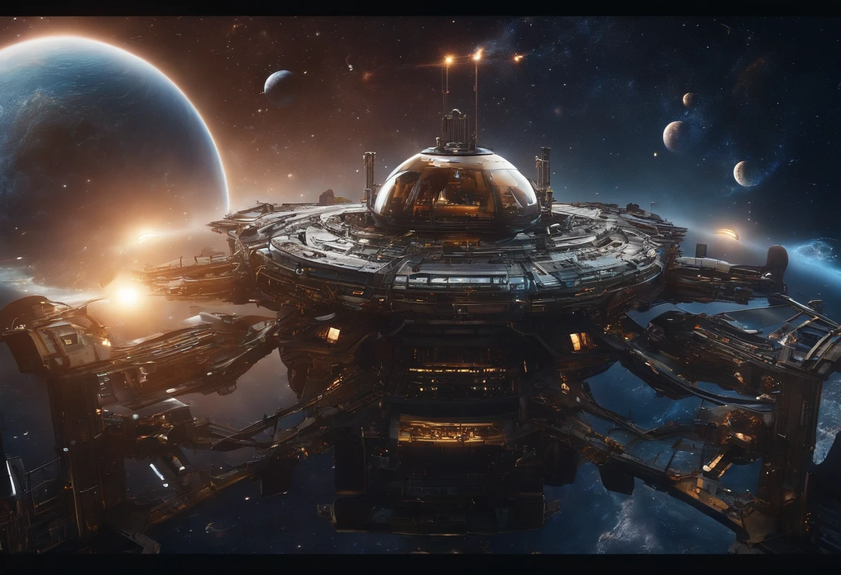Best quality, , 超高分辨率, (Realistic photography:1.4), The background is the universe,Distance viewing angle,Many robots are repairing a broken spaceship in space.