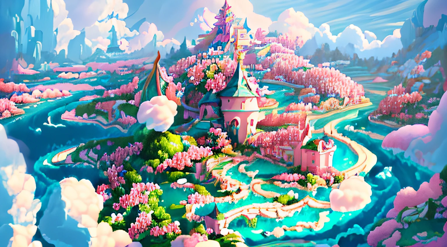 there is a ship in the middle of a sea of pink flowers, 4k highly detailed digital art, detailed fantasy digital art, beautiful detailed fantasy, cloud palace, flying cloud castle, beautiful digital artwork, in the white clouds fairyland, in white clouds fairyland, fantasy highly detailed, floating city on clouds, very beautiful digital art, surreal frozen landscape, detailed dreamscape