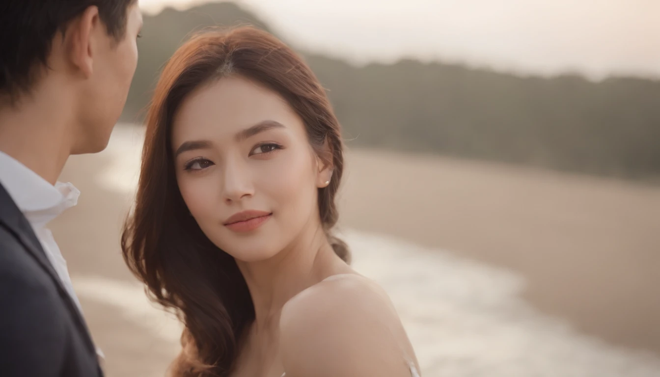 Chinese intellectually beautiful middle-aged woman, Around 50 years old, Slightly plump, huge boob, Tall, Round and plump, With a happy smile, The highest image quality, Ultra-high definition, Ultra-high resolution, Top image quality, Perfect details, Lifelike perfection, Masterpiece, Exquisite, Works of masters, A mature and beautiful woman, Oval face, Brown hair and curly hair, Big eyes, Long eyelashes, dimple, Wrinkles on the face, Middle-aged and elderly feelings, Mature appearance, Virtuous wife and mother, Dynamic Angle, Full body photo, standing by the sea, Wearing a short white skirt
