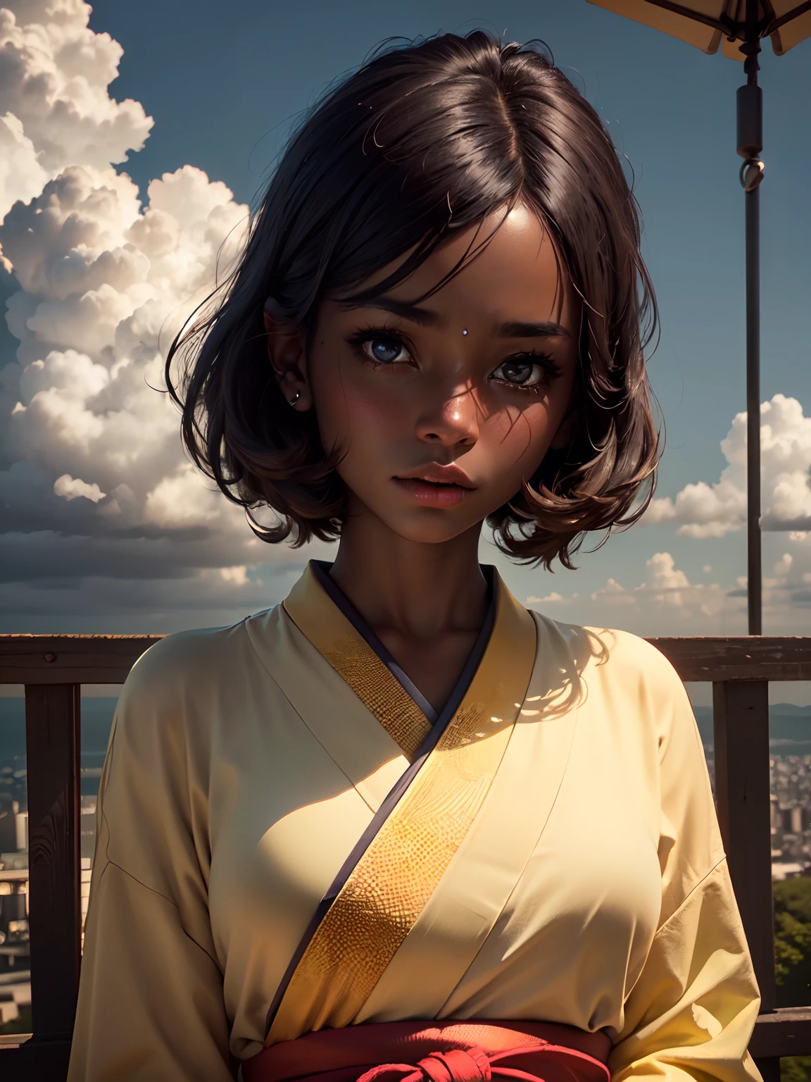 1 girl, (dark skin:1.2), shy, cute, cold expression, (8k, RAW photo, best quality, masterpiece:1.2), (realistic, photorealistic:1.2) (ultra-detailed, Super detailed:1.2), vivid colors, studio lighting, Yellow coloured eyes, blank eyes, Night clouds background, Aesthetic, romantic, Luna, Wearing a kimono, sleek bob hairstyle
