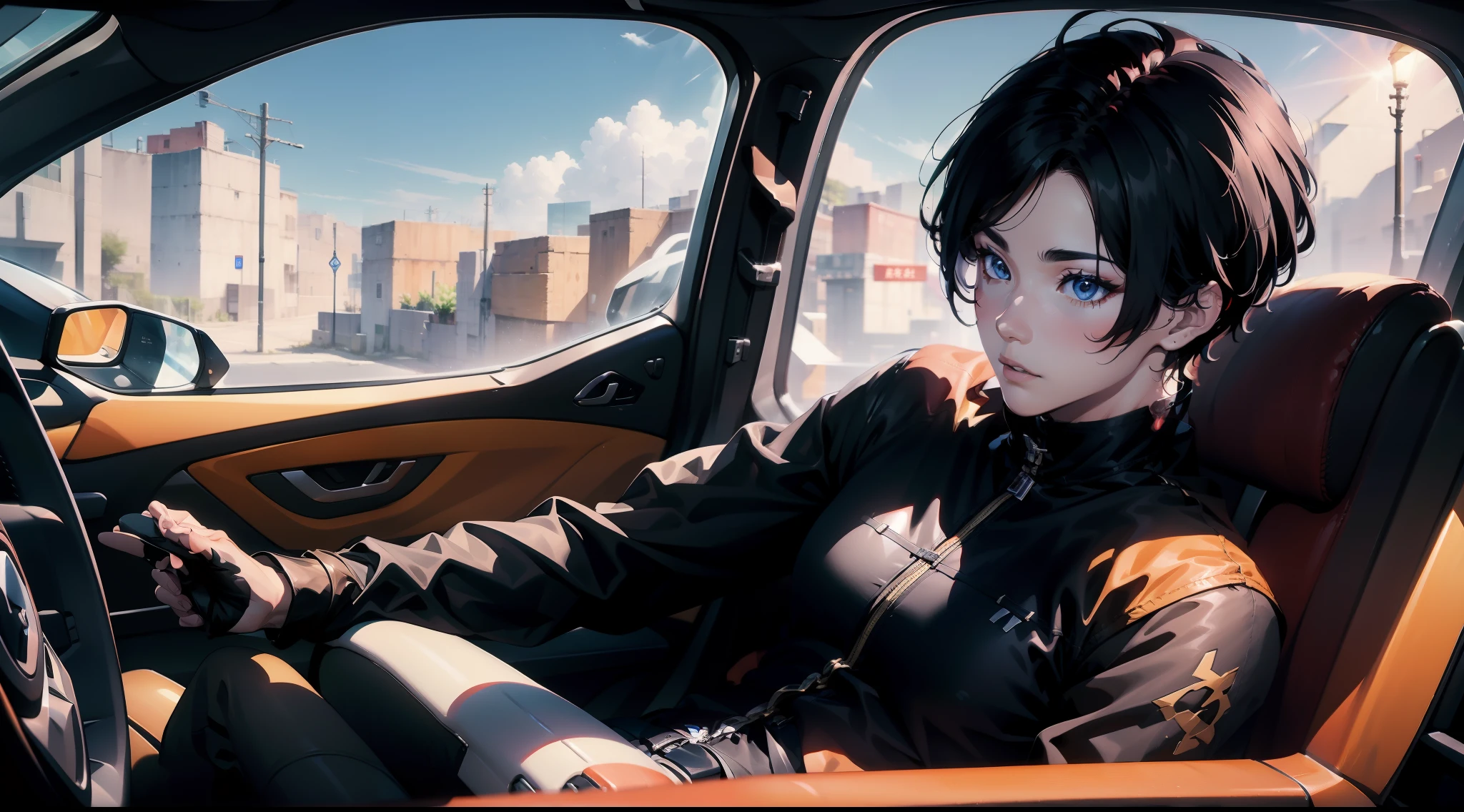 1 boy driving drifting car and passes very fast, on road, splash art, 4k