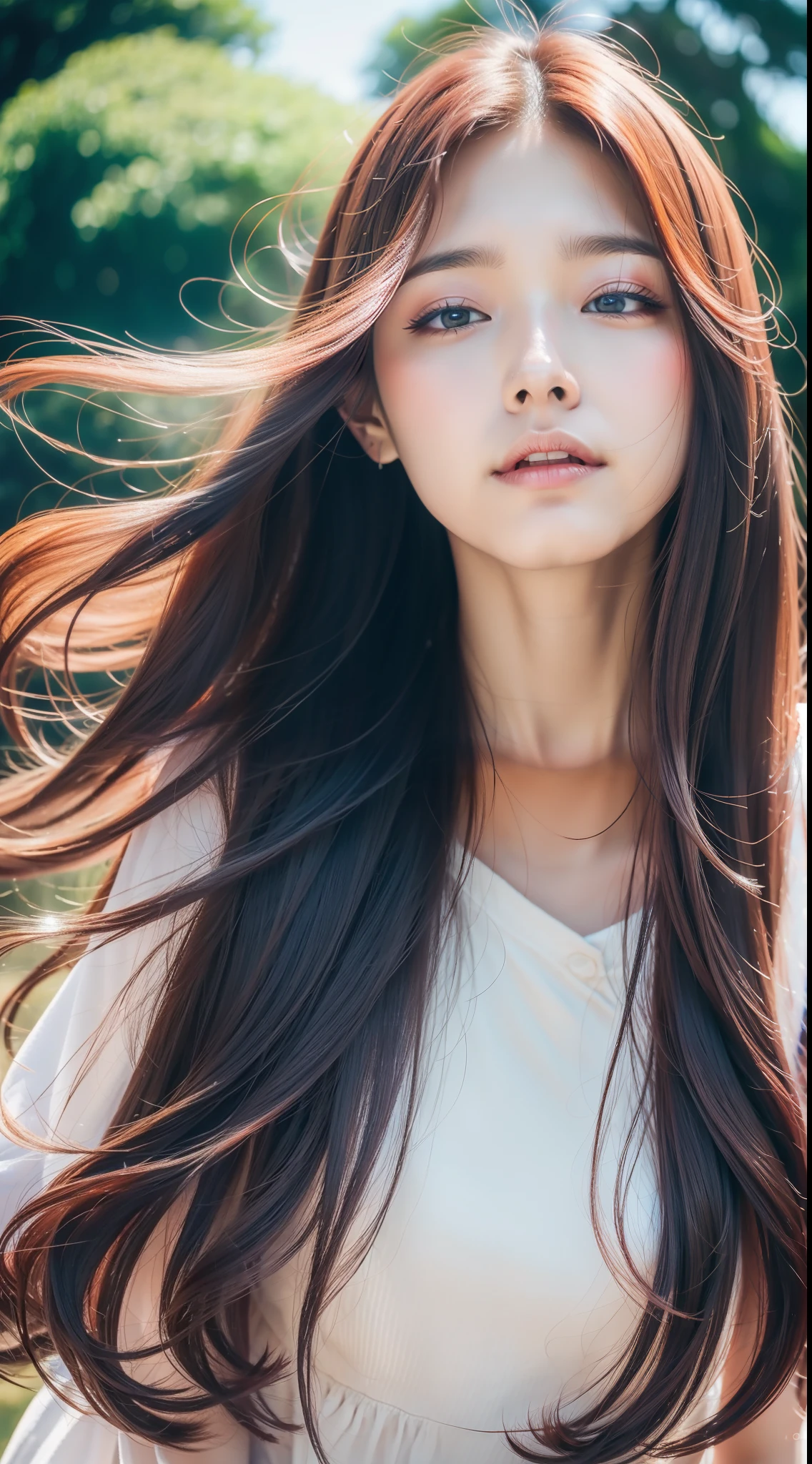 Best quality, A high resolution, Ultra-detailed, Realistic, Beautiful red to blue gradient wavy long hair blowing on a woman's serene face in a soft breeze, Long flowing hair was lifted, Vibrant flowers in the background of the park, Close-up shot