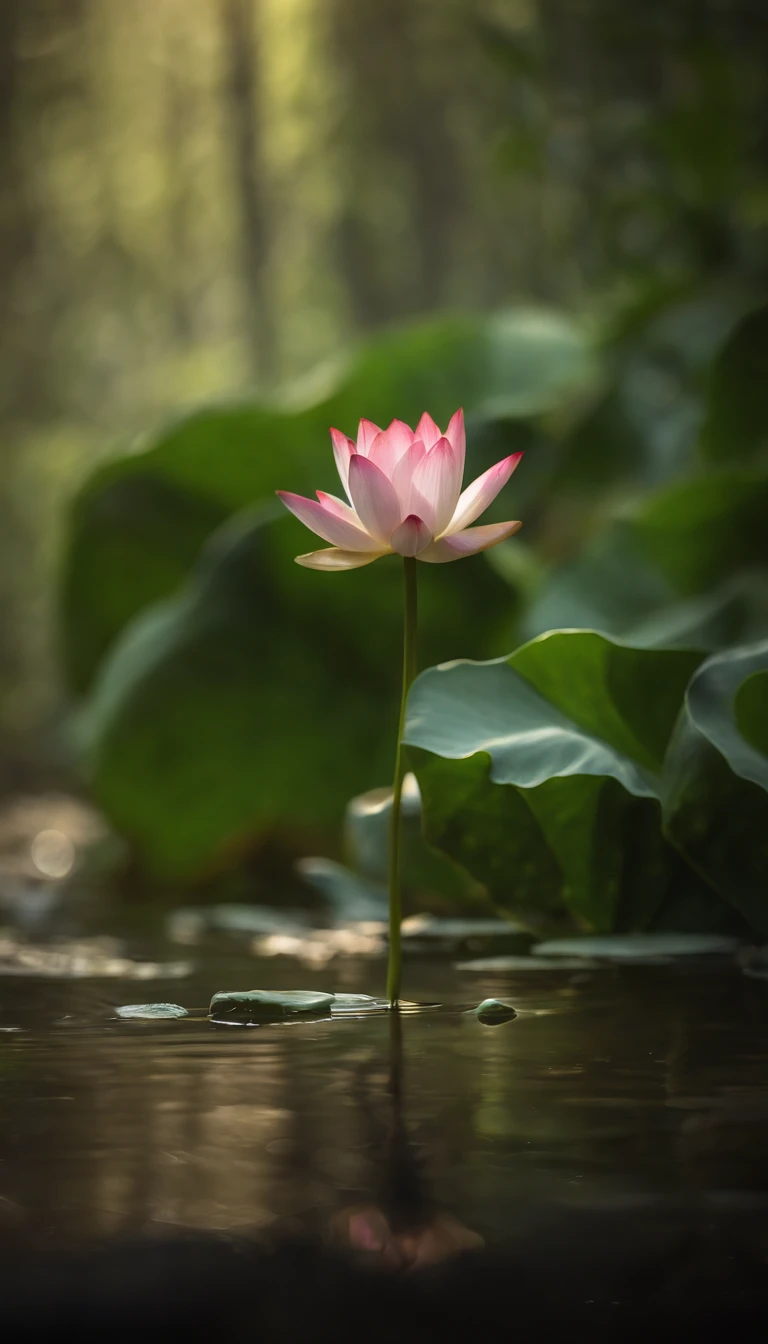 (close-up:1.5), (solo:1.5), lotus flower, Green stem, Silt comes out of the water, gold light, aura background, god rays, ray tracing, negative space, UHD, retina, masterpiece, ccurate, super detail, high details, high quality, highres, 16k