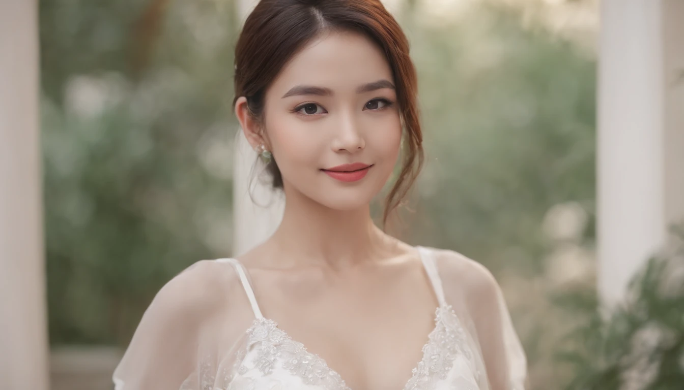 （best qualtiy，8k，tmasterpiece：1.3）， 1 Chinese beauty， ssmile，Large，black shirt，Short white dress， full bodyesbian，blur backgroun，beachside，are standing