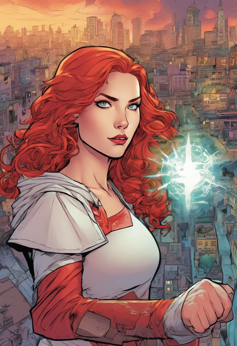 1girl, long curly redhair, white skin, scarlet witch powers, caos magic, wandavision uniform, city in ruins, red lightening, super powerful, agressive look, witch