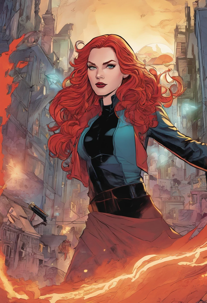 1girl, long curly redhair, white skin, scarlet witch powers, caos magic, wandavision uniform, city in ruins, red lightening, super powerful, agressive look, witch