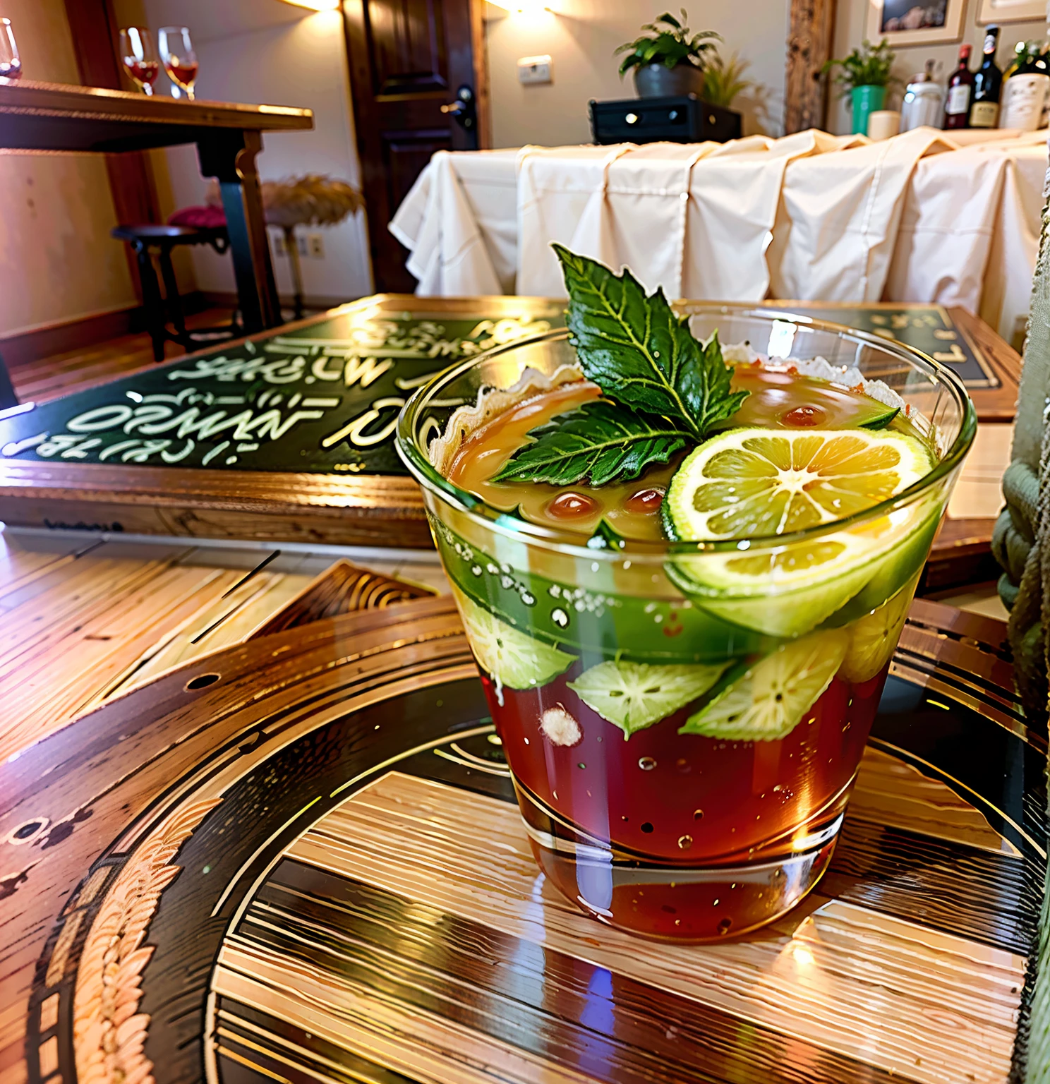 A drink was placed on the wooden table,There is a green leaf on it, cocktails