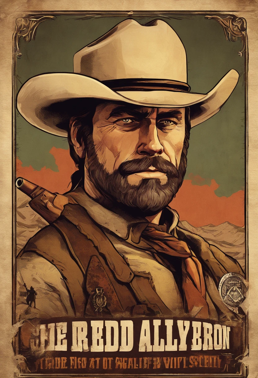 Cigarette card of sheriff Curtis Malloy from Red Dead Redemption 2, detailed portrait, vintage illustration, high-res, realistic colors, intricate drawing, aged paper texture, vibrant colors, dramatic lighting
