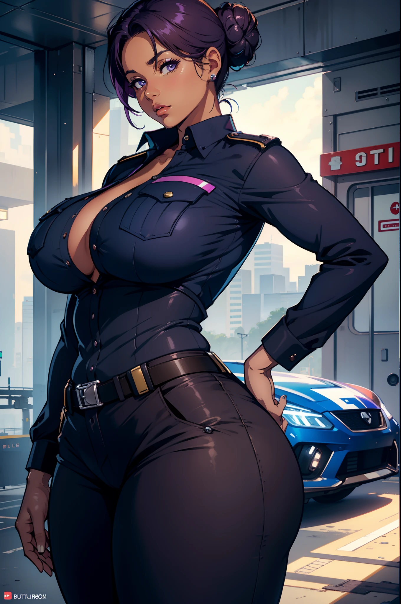 Best quality, solo mature woman, giant breasts, giant ass, very curvy, dark brown skin, low bun, lilac eyes, full lips, seductive, police uniform, police pants, police button up