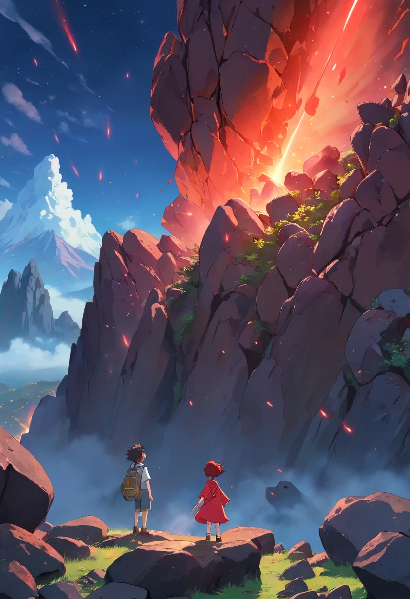 The Chinese Red Dragon rose into the air, boy children manipulate dragons, The boy standing on the cliff, his back is to the camera, Sky clouds surround the surroundings, light magic, Fantastic background, Background meaning, Ridiculous background, There are artistic overlays,multicolored hair, Surrealism, Cinematic lighting, ray tracing, god light, speed line, angle of view, hyper HD, master piece, best quality, Super Detail, A high resolution, high quality glowing lava light from under the asteroid field (jagged rocks, boulders and debris shooting into the air: 1.3) (dust debris storm wind: 1.1) volumetric fog fog ray tracing z passes bright light from below, (masterpiece) (best quality) (detailed) (8k) (cinematic lighting) (sharp focus) (complex)