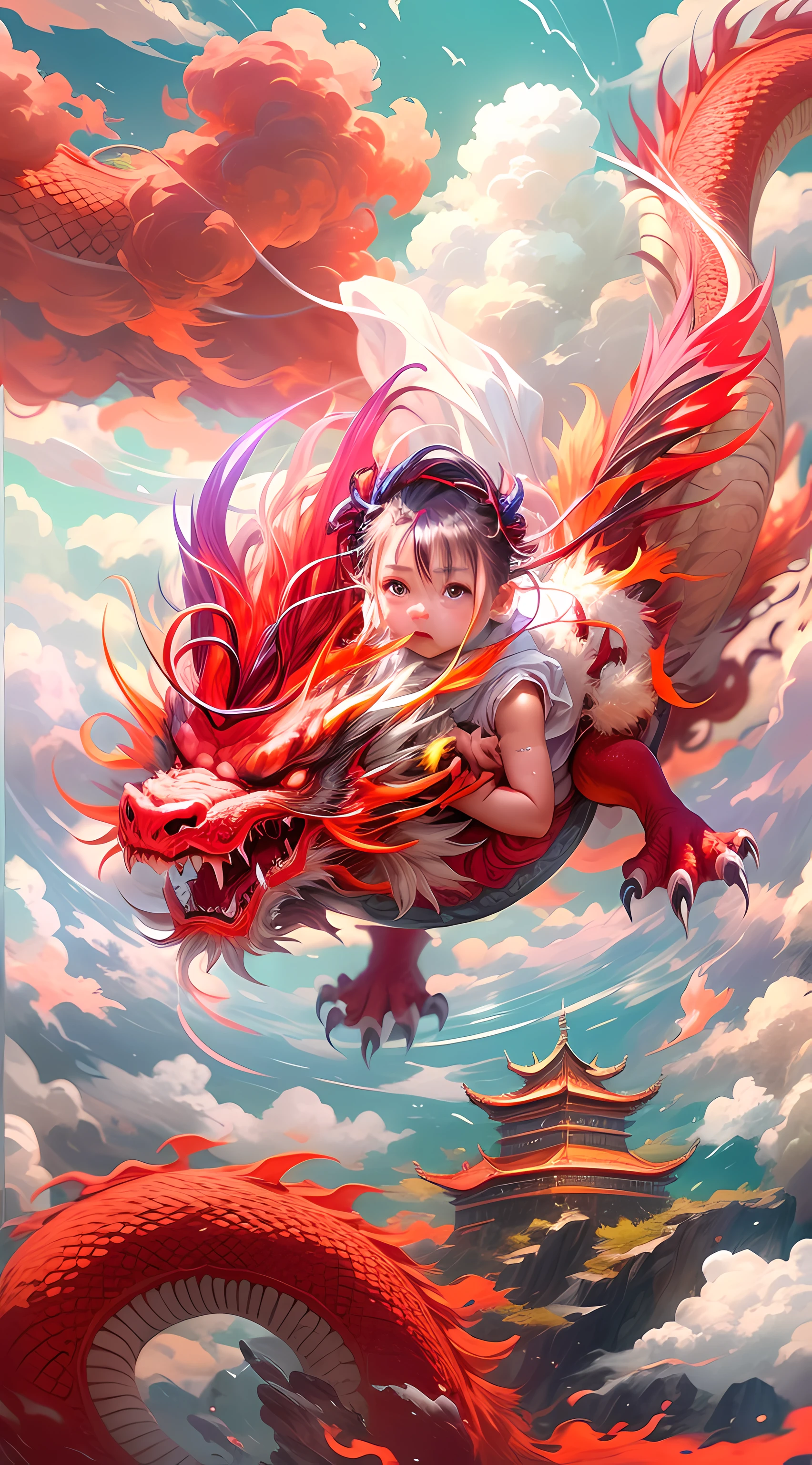 The cute Chinese Red Dragon wrapped around the  in the clouds, Sky clouds surround the surroundings，Light magic, Fantastic background, Meaning background, Ridiculous background, There are artistic overlays，multicolored hair, surrealism, Cinematic lighting, Ray tracing, god light, speed-line, angle of view, hyper HD, Masterpiece, Best quality, Super detail, A high resolution, High quality