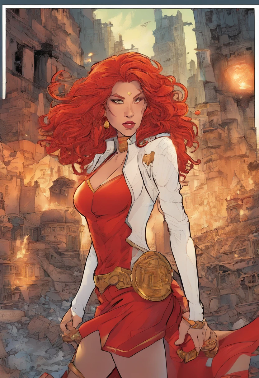 1girl, long curly redhair, white skin, caos magic, red energy powers, red uniform, city in ruins, red lightening, super powerful, agressive look, dark, epic background
