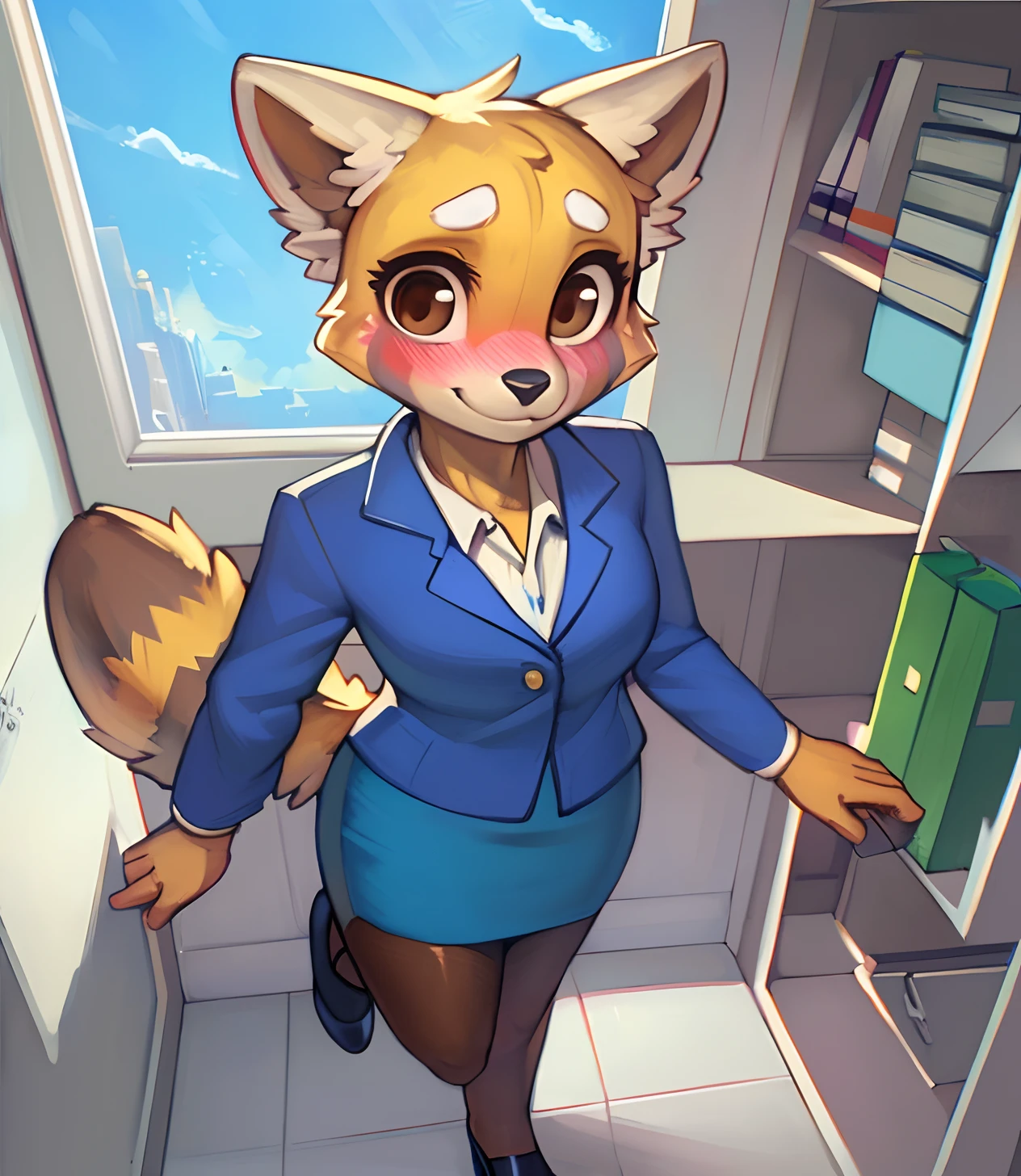 [retsuko], [aggretsuko], [Uploaded to e621.net; (Pixelsketcher), (wamudraws)], ((masterpiece)), ((solo portrait)), ((bird's-eye view)), ((feet visible)), ((furry; anthro)), ((detailed fur)), ((detailed shading)), ((beautiful render art)), ((intricate details)), {anthro; (yellow fur, black nose), small brown eyebrows, cute brown eyes, cute smile, (blushing), raccoon tail, (beautiful legs)}, {(office woman), (blue blazer sweater), (short blue pencil skirt), (pantyhose), (black heels)}, {(standing), (pigeon-toed)}, [background; (cubicles), (white walls), (window), (blue sky), (sun rays)]