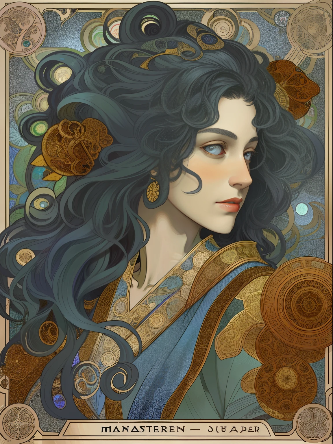 (flat color:1.1),(color:1.3),(master piece:1.2), best quality, master piece, Original, 1 very detailed wallpaper An Italian woman, with long black hair, which curls into unruly curls . His eyes are large and dark. Its mouth is small and red. Your body is thin. Is wearing colorful clothes,Full body like,Blue starry sky,Tarot card layout,best quality,masterpiece,(realistic:0.6),realistic lighting,flower frame,decorative panels,Artistic abstract,Alphonse Mucha(tmasterpiece,best quality,A high resolution:1.4),a detailed,Complicated details,4k,blue,line art,Fibonacci