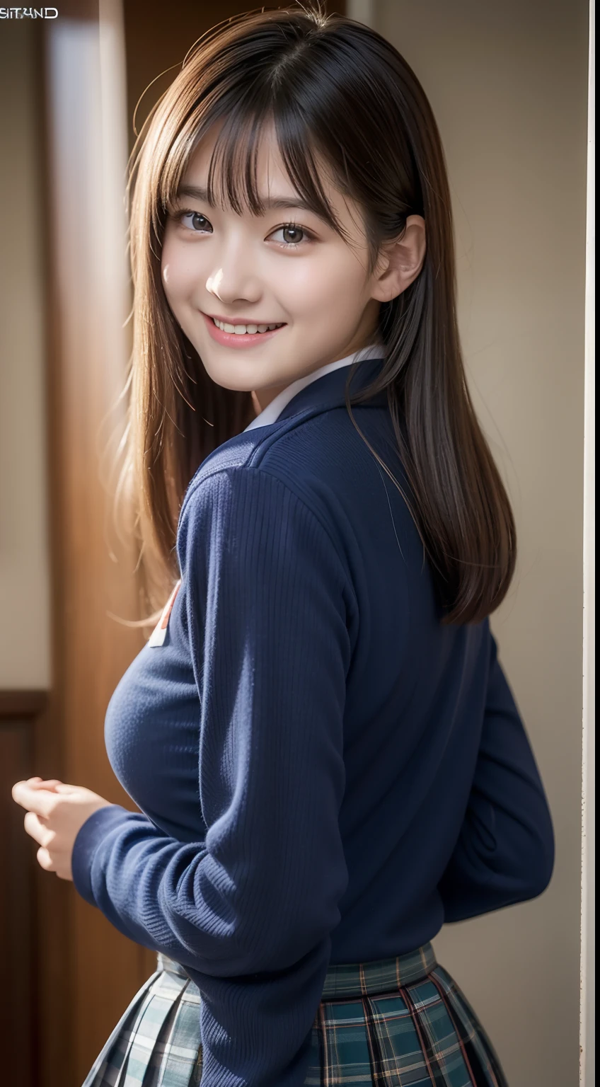 Enhanced dynamic perspective,Cute cute 15 year old beautiful girl,((school uniform, long sleeve shirt))、Short pleated skirt、Look at me and smile,simple backgound,Works of masters,high quarity,4K resolution,super-fine,Detailed pubic hair,acurate,Cinematic lighting,Leaves the original facial proportions、(Huge breasts)、